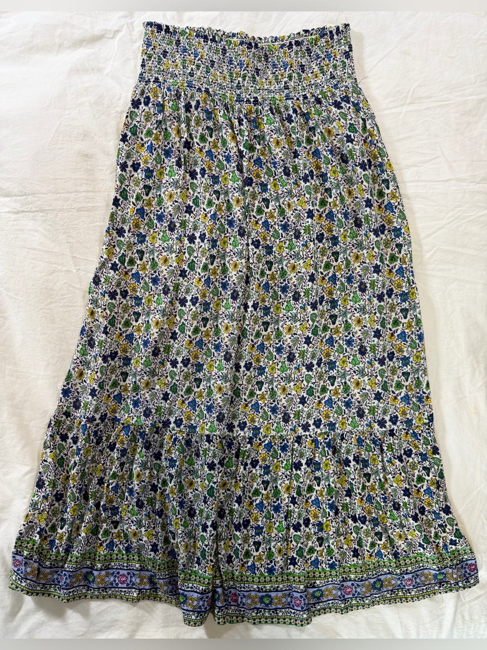 Blue Green Yellow Floral Smocked Midi Skirt 100% Viscose Boho Cottagecore - S